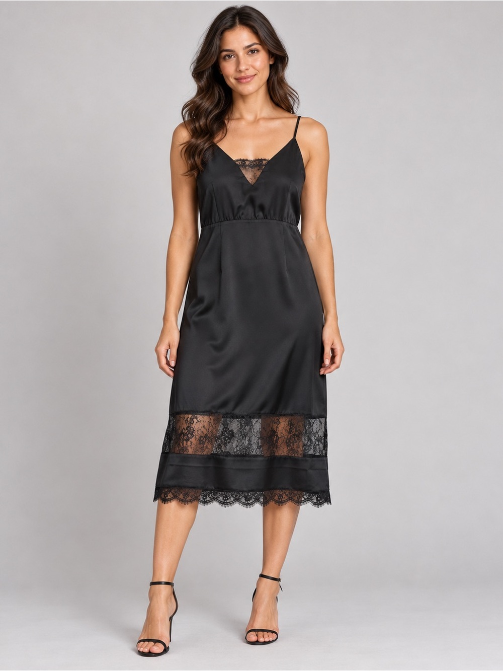 Lovers + Friends Black Satin Lace Trim Midi Slip Dress Size M